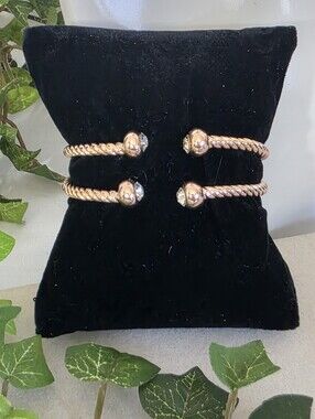 Rose Gold Twisted Cable Cuff Bracelet Set with Crystal Accents (2 Piece)